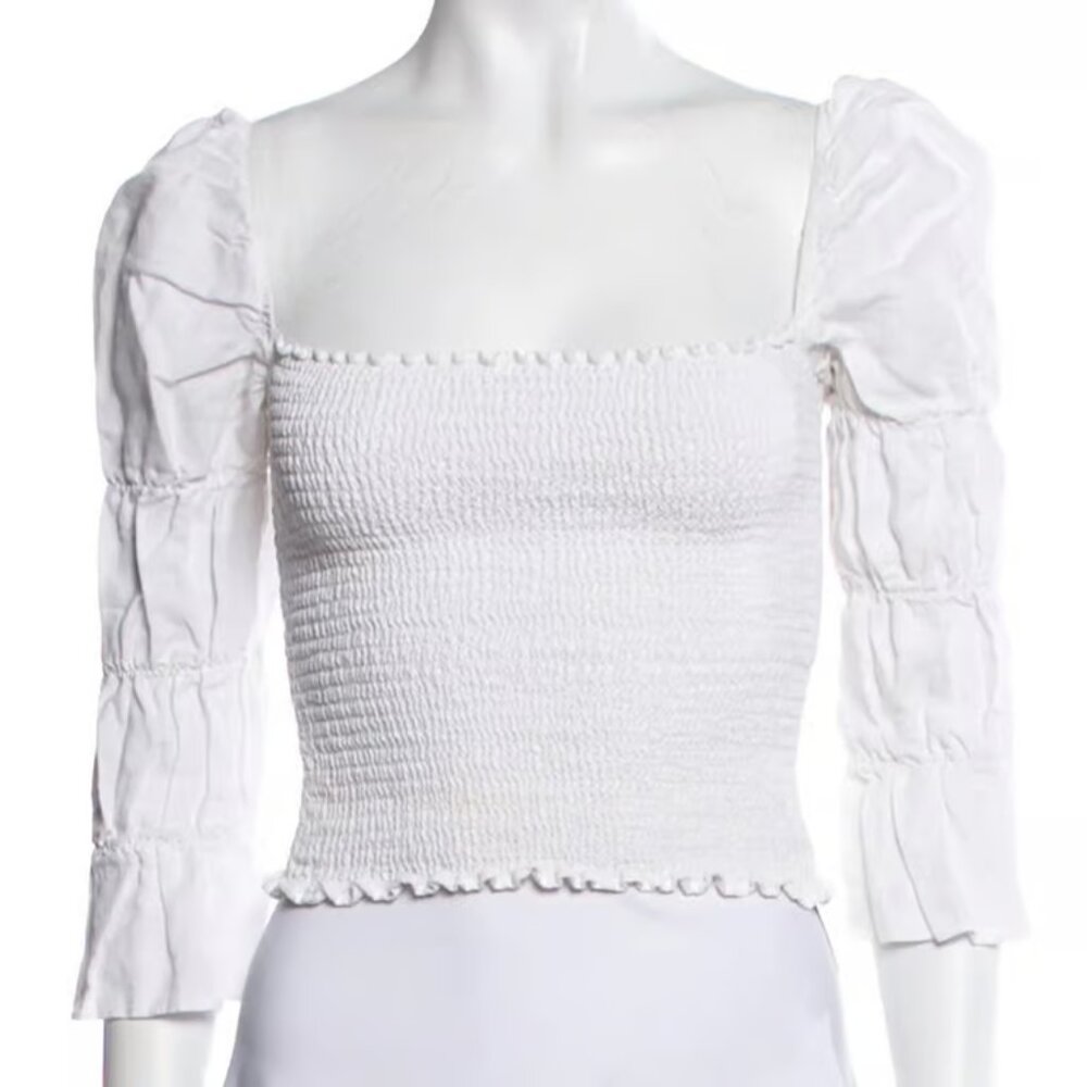 Reformation White Square Neck Ruched Long Bubble Sleeve Top